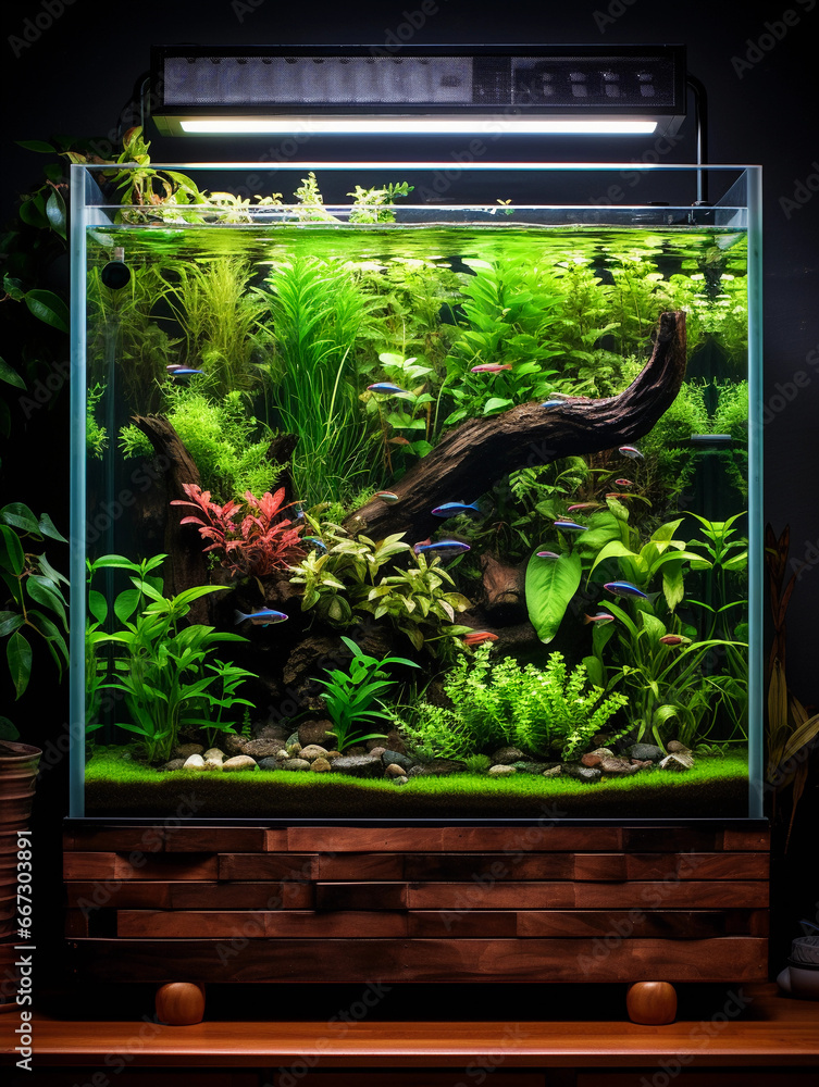 Wall mural fish tank filled with guppies and neon tetras, vibrant plants like java fern and amazon sword, again