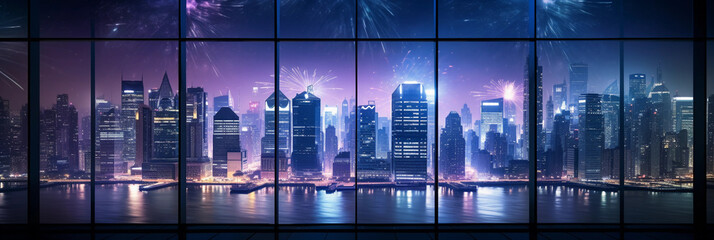 Fireworks reflected on a glass skyscraper, cityscape at night, cool tones, purple and blue fireworks contrast against the warm city lights