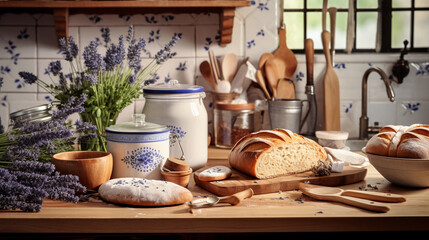 Fototapeta na wymiar French country kitchen, blue and white tile, wooden countertops, copper pots, lavender bundles, freshly baked bread