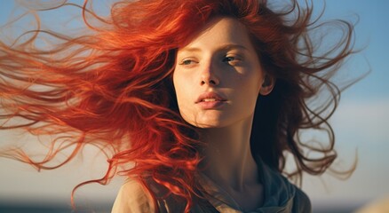 Naklejka premium A young woman with red hair blowing in the wind. Generative AI.