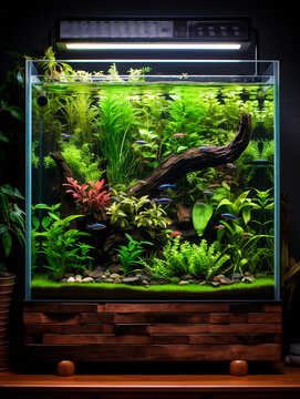 fish tank filled with guppies and neon tetras, vibrant plants like Java fern and Amazon Sword, against a brick wall background