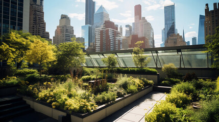 Fototapeta premium New York City rooftop garden, eco - friendly design, solar panels, green vegetation, concrete jungle in background