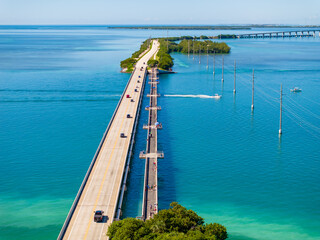 Aerial photo overseas highway bridge and fishing bridge in the Florida Keys