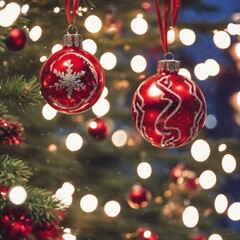 Close-UP of Christmas Tree, Red Ornaments against a Defocused Lights Background