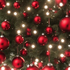 Obraz na płótnie Canvas Close-UP of Christmas Tree, Red Ornaments against a Defocused Lights Background