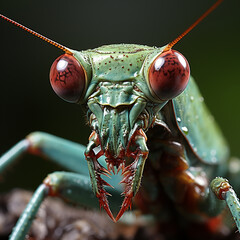 Close up of green praying mantis. Generated AI - obrazy, fototapety, plakaty