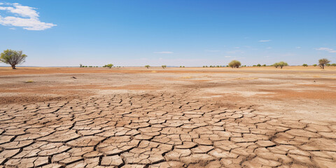 Fototapeta premium Vast expanse of cracked earth, tufts of brown grass scattered sporadically, vivid textures, extreme detail