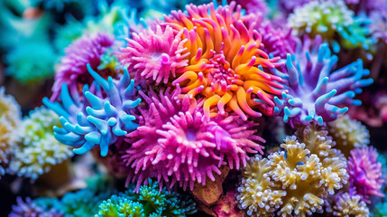 Fototapeta na wymiar closeup of a coral reef tank with strong focus on a variety of coral species, from Zoanthids to Acropora, in vibrant pinks, greens and blues