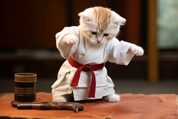a cat in a martial artist's outfit breaking a small board. Generative AI