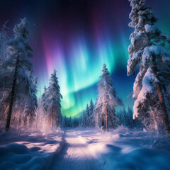 Northern lights in winter forest. Aurora borealis.