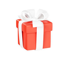 Red closed gift box with white ribbon and bow 3d render illustration
