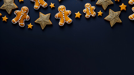 Image of cute gingerbread cookies and stars Christmas ornaments on navy blue background..