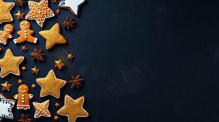 Image of cute gingerbread cookies and stars Christmas ornaments on navy blue background..