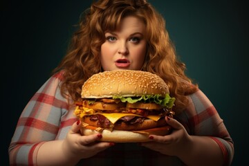 Overweight problem, poor diet, calorie-laden food, fast food cheeseburger burger, fat woman, obese persona, high calorie quick food, motivation to eat righ, fatty foods, dieting, new life. - obrazy, fototapety, plakaty