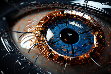 Obraz premium Futuristic robotic human cyber electronic scanning eye digital vision concept. Programmed сlose up metal cyber electronic eye surveillance security with lights glares laser circuit, high technologies