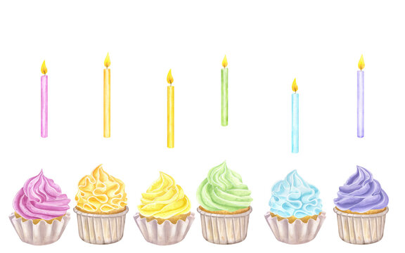 Banner rainbow multicolored cupcakes muffins, sweet whipped cream, candles. Food clipart. Hand drawn watercolor illustration isolated on white background. For birthday, holiday, card