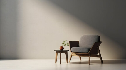 Obraz premium A chair and coffee table with simple decoration against a plain color wall. Copy space setting out and minimalist style,