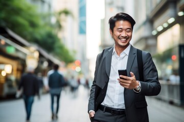 Businessman walking street using smartphone