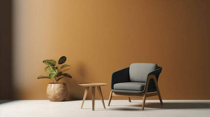  A chair and coffee table with simple decoration against a plain color wall. Copy space setting out and minimalist style,