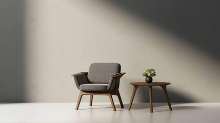  A chair and coffee table with simple decoration against a plain color wall. Copy space setting out and minimalist style,