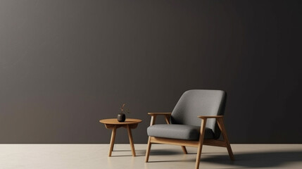  A chair and coffee table with simple decoration against a plain color wall. Copy space setting out and minimalist style,
