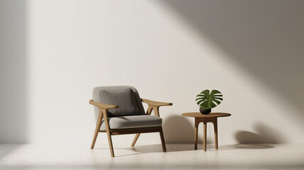 A chair and coffee table with simple decoration against a plain color wall. Copy space setting out and minimalist style,