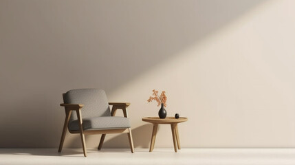  A chair and coffee table with simple decoration against a plain color wall. Copy space setting out and minimalist style,