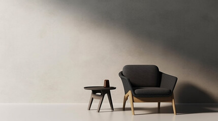 Fototapeta premium A chair and coffee table with simple decoration against a plain color wall. Copy space setting out and minimalist style,