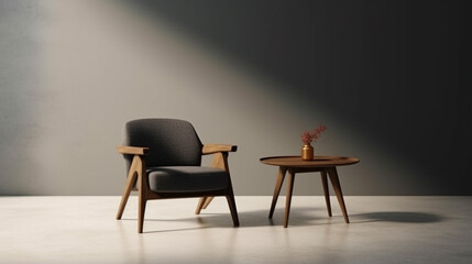 Fototapeta premium A chair and coffee table with simple decoration against a plain color wall. Copy space setting out and minimalist style,