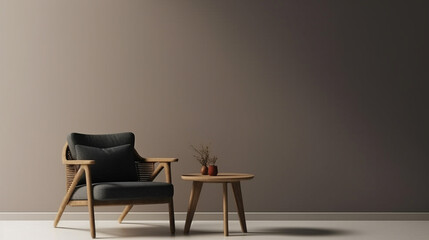  A chair and coffee table with simple decoration against a plain color wall. Copy space setting out and minimalist style,