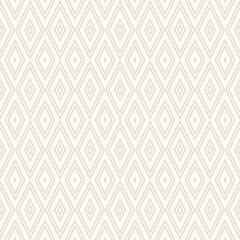 Abstract rhombuses geometric seamless pattern. Subtle vector background with lines, linear diamonds. Simple plaid ornament. Elegant light beige color graphic texture. Retro vintage style repeat design