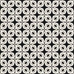 Fototapeta premium Abstract geometric seamless pattern. Black and white ornament with grid, lines, stars, flower silhouettes, repeat tiles. Simple elegant texture. Stylish minimal background. Monochrome vector design