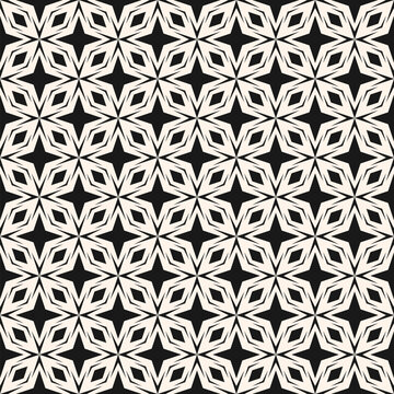 Abstract geometric seamless pattern. Black and white ornament with grid, lines, stars, flower silhouettes, repeat tiles. Simple elegant texture. Stylish minimal  background. Monochrome vector design