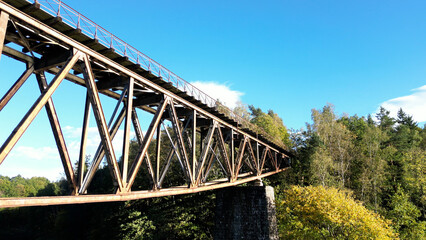 Old steel railway bridge at the dam in Pilchowice, Poland. Aerial footage