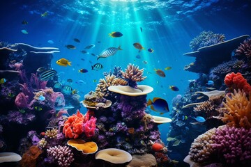 Colorful underwater coral reef with exotic fish. Generative AI