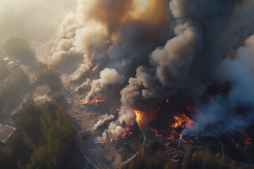 Forest fire in progress. Fire. Large flames. a threat to our environment. Aerial view of massive wildfire or forest fire with burning trees and orange smoke. Generative AI.