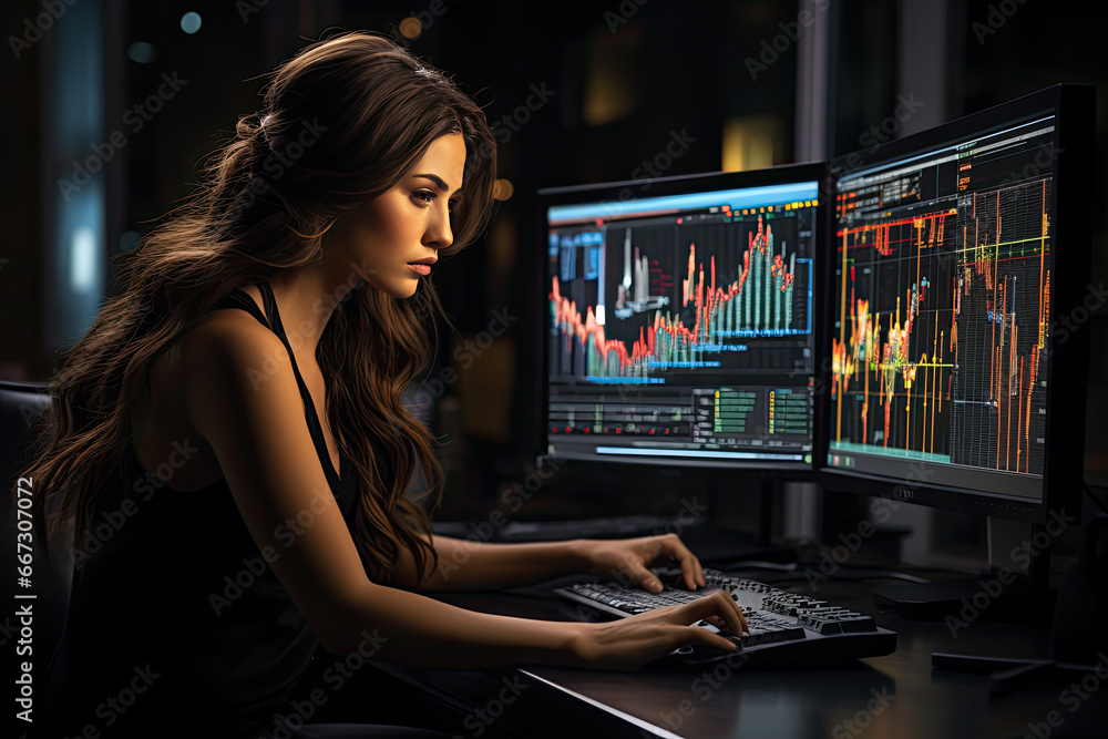 Poster thoughtful confident woman is engaged in data processing, analyzes and visualizes complex data sets 