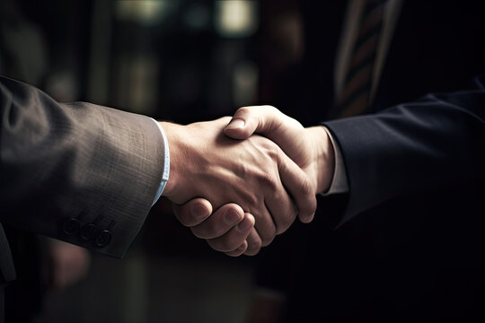 Successful businessmen shake hands as confirmation of their decisions after a meeting on a dark background