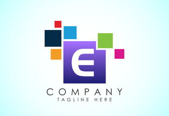 Obraz premium English alphabet E with data pixel. Creative technological modern data pixel logo