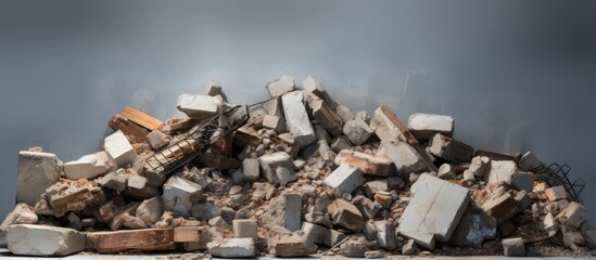 Large concrete debris piles slabs beams and remnants of a brick wall on gray background