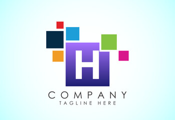 English alphabet H with data pixel. Creative technological modern data pixel logo