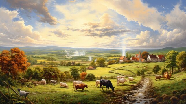 A painting of a farm with cows and a house, AI