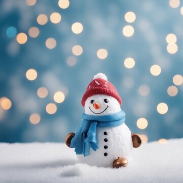 Cute snowman wearing blue scarf on a snowy area and bokeh light background
