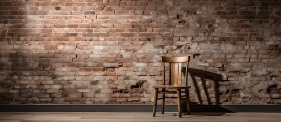 Wooden chair on wooden floor backed by a brick wall
