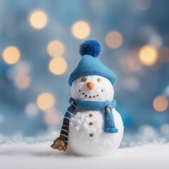 Obraz premium Cute snowman wearing blue scarf on a snowy area and bokeh light background