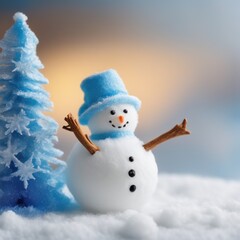Obraz premium Cute snowman wearing blue scarf on a snowy area and bokeh light background