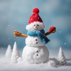 Obraz premium Cute snowman wearing blue scarf on a snowy area and bokeh light background
