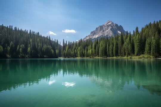 Peaceful lake encircled by forests and crowned by a majestic alpine peak. Generative AI