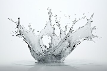 A solitary water splash on a plain white backdrop. Generative AI