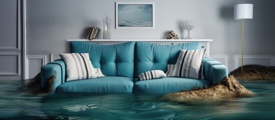 Flooded basement with floating furniture from water damage - obrazy, fototapety, plakaty